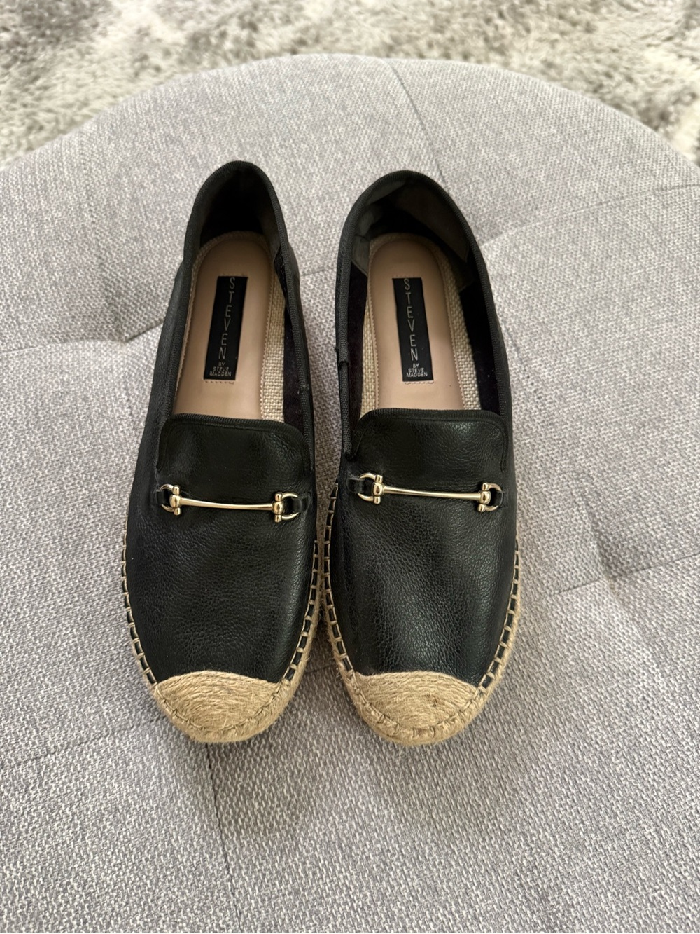 Steve Madden Black Leather Espadrille Loafers with Gold Hardware